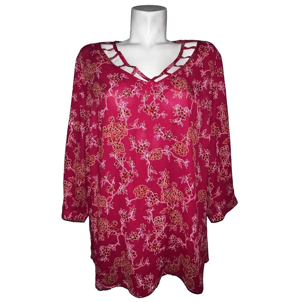 41 Hawthorn Magenta Floral Lattice V-Neck 3/4 Sleeve Blouse Top Plus Size 3X